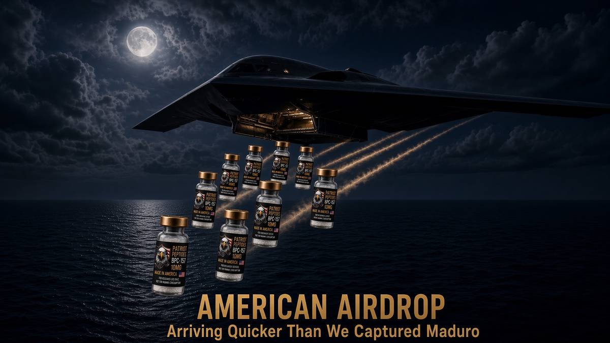 A B-2 bomber dropping Patriot Peptides vials by parachute