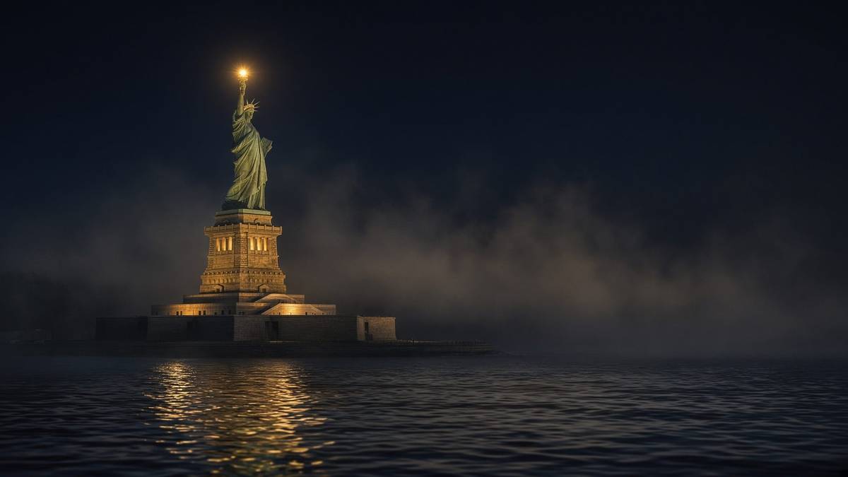 Statue of Liberty at night, torch lit gold over the harbour