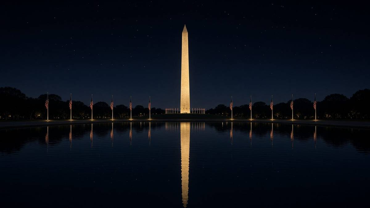 Washington Monument reflected in the National Mall at night