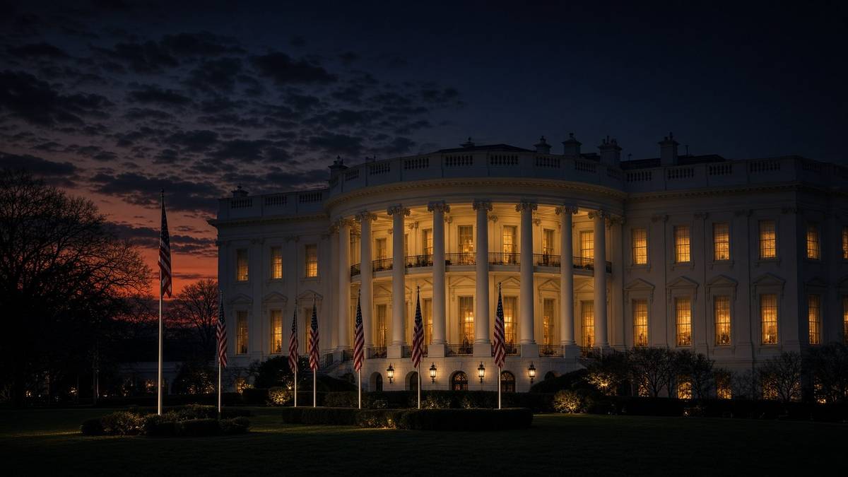 The White House at dusk, flags on the north lawn
