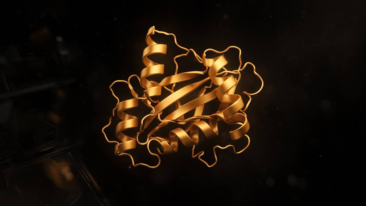 A gold protein ribbon fold against black — the visual language AlphaFold made ordinary