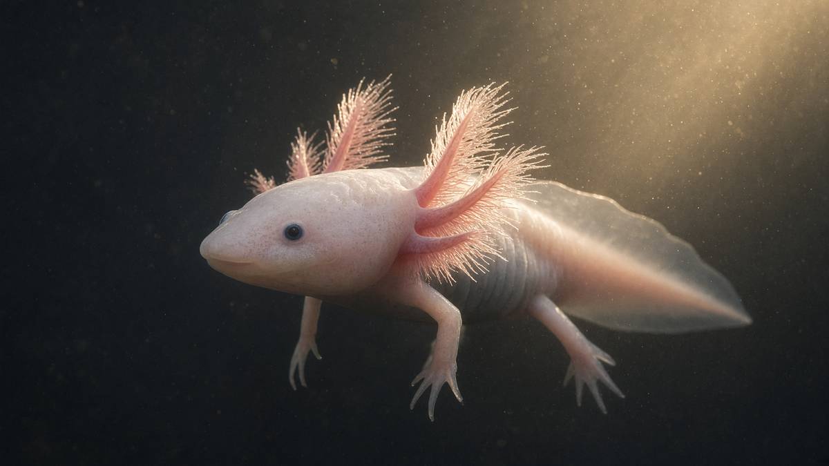 An axolotl in dark water — Ambystoma mexicanum, the regenerative outlier among tetrapods