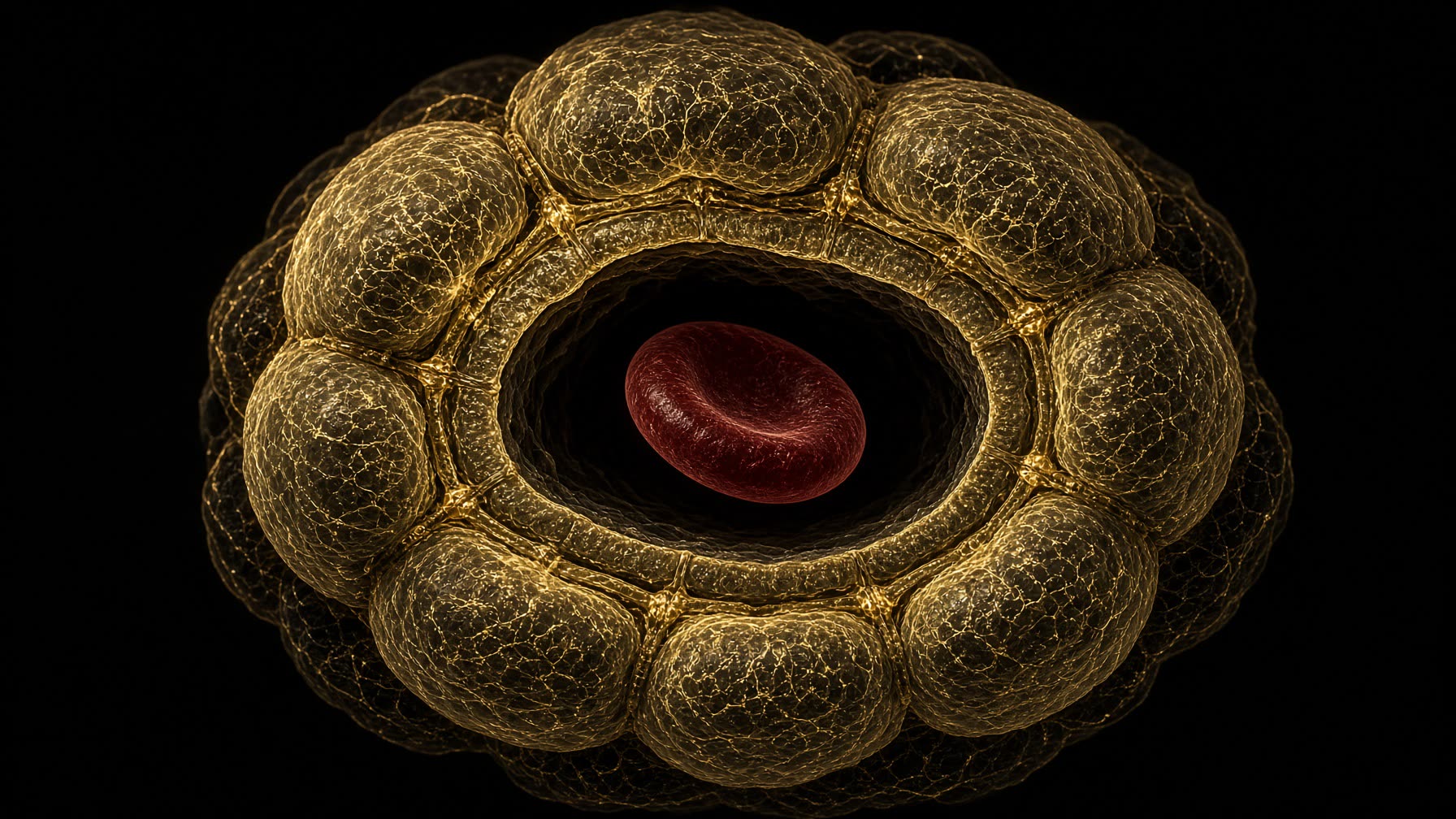 Gold-lit cross-section of a cerebral capillary: sealed endothelium, astrocyte endfeet, a red cell in the lumen