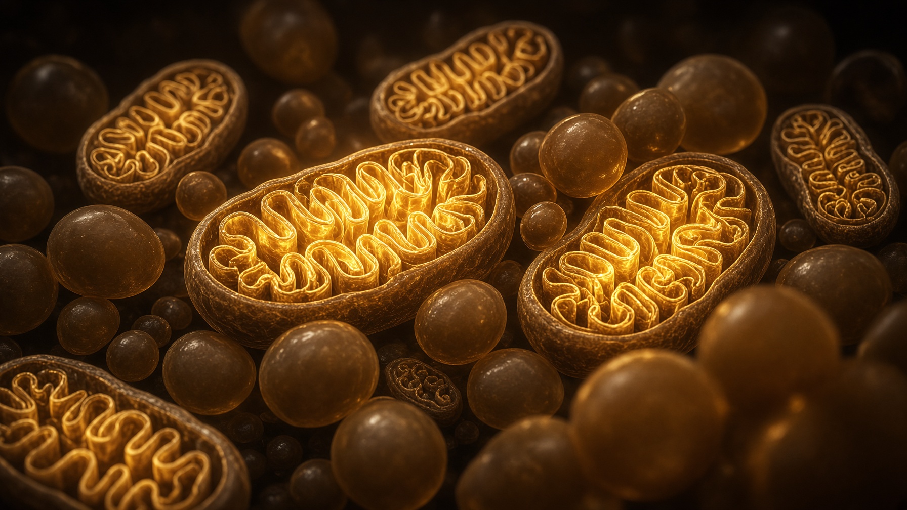 Brown adipose tissue as a heater — mitochondria packed among multilocular lipid droplets, gold light on cristae