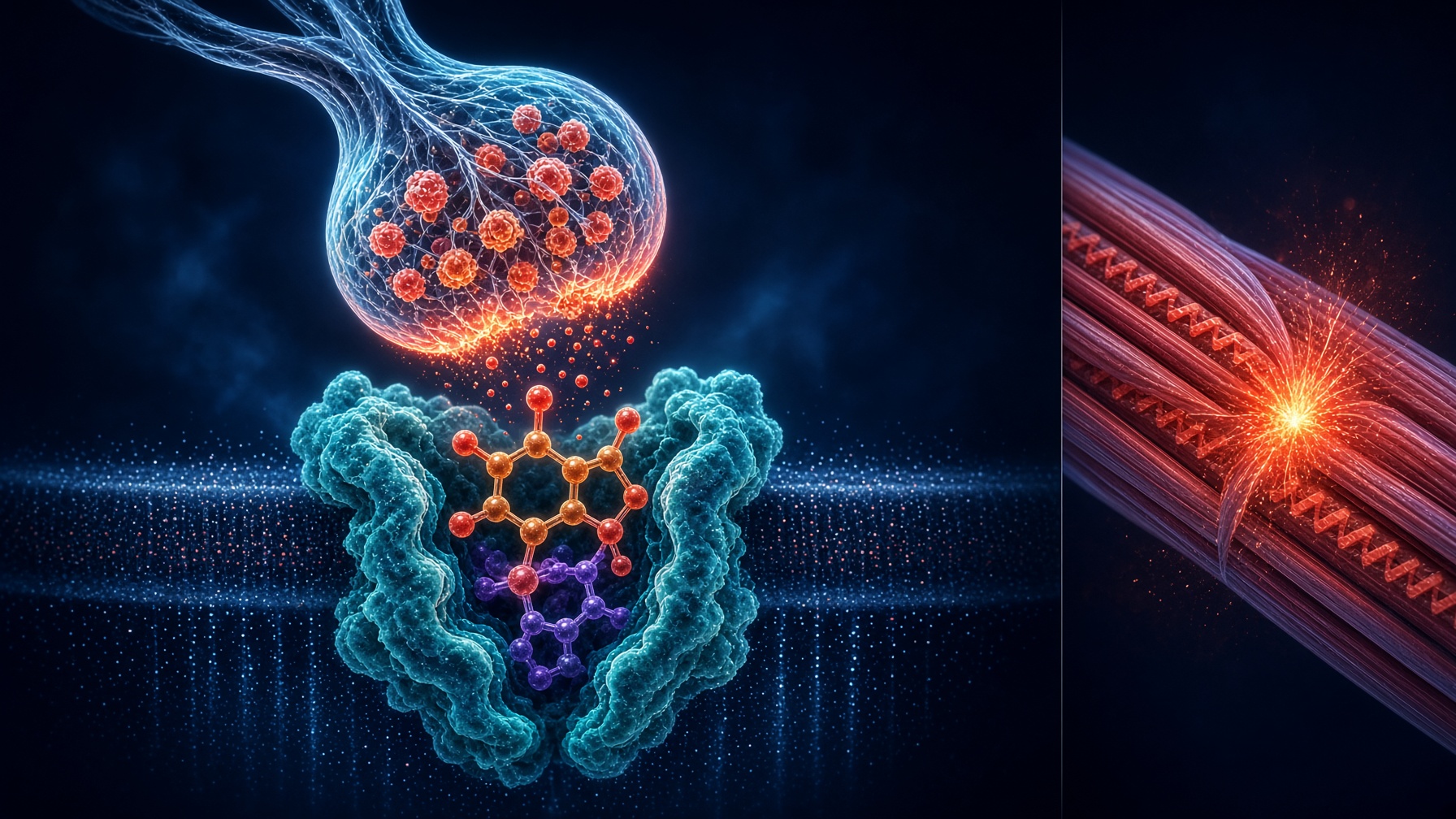 Caffeine in an adenosine receptor beside a muscle fibre, coral and teal on navy