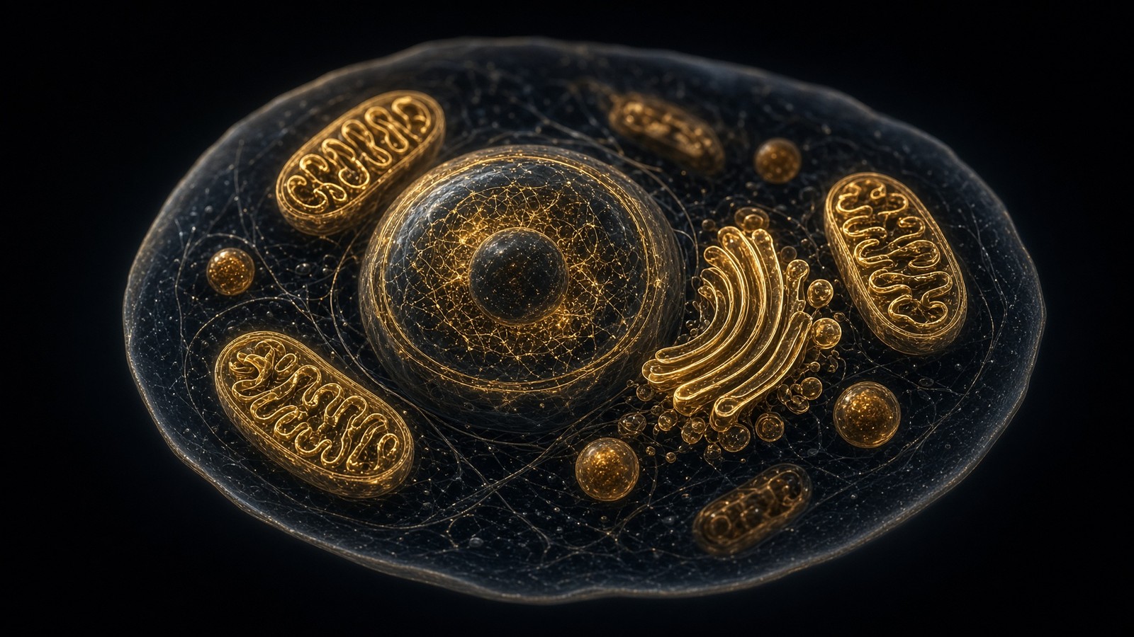Cross-section of a eukaryotic cell: gold-lit mitochondria, nucleus and vesicles in a dark cytoplasm