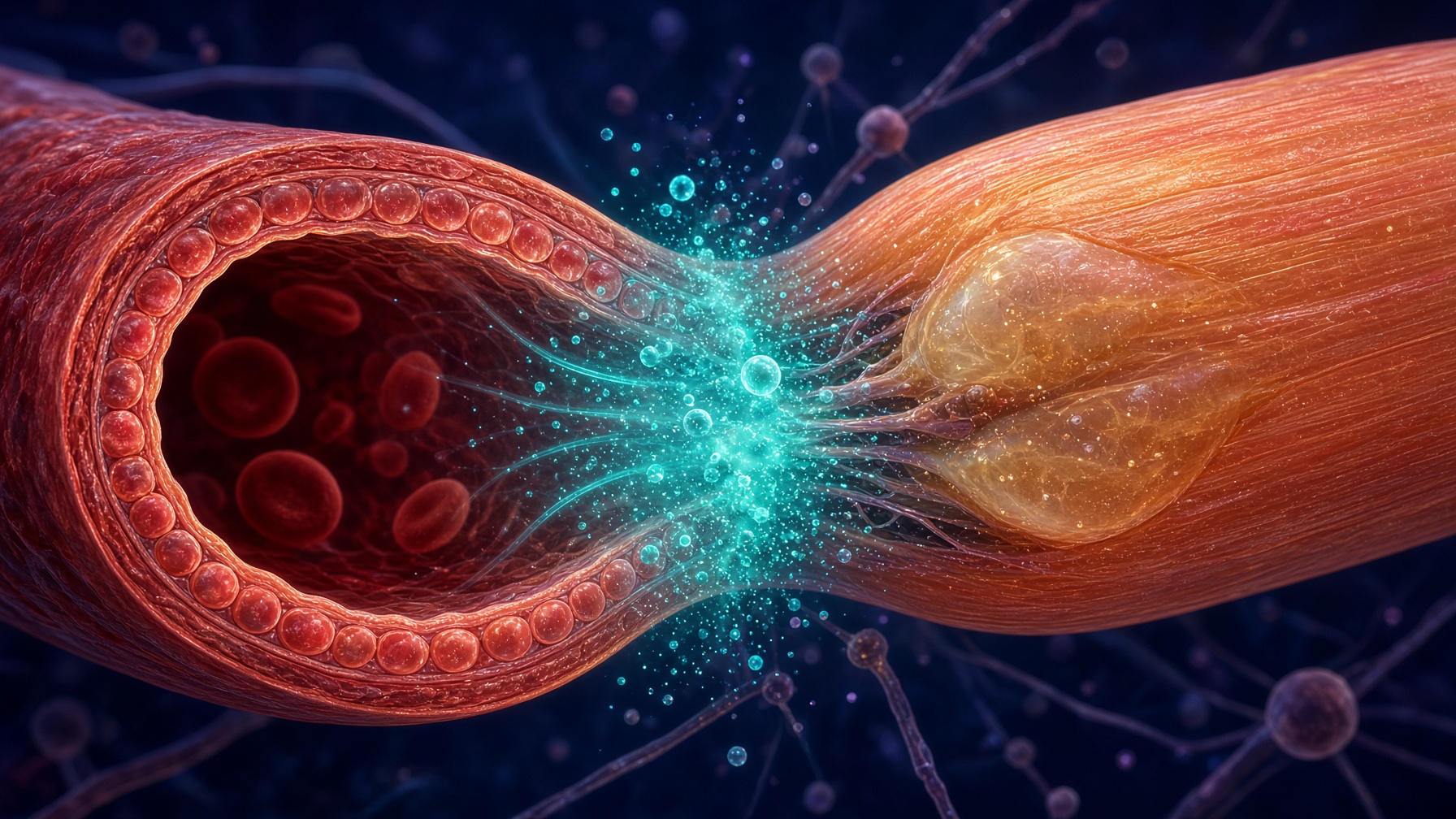 A vessel widening beside a muscle fibre, coral and teal on navy