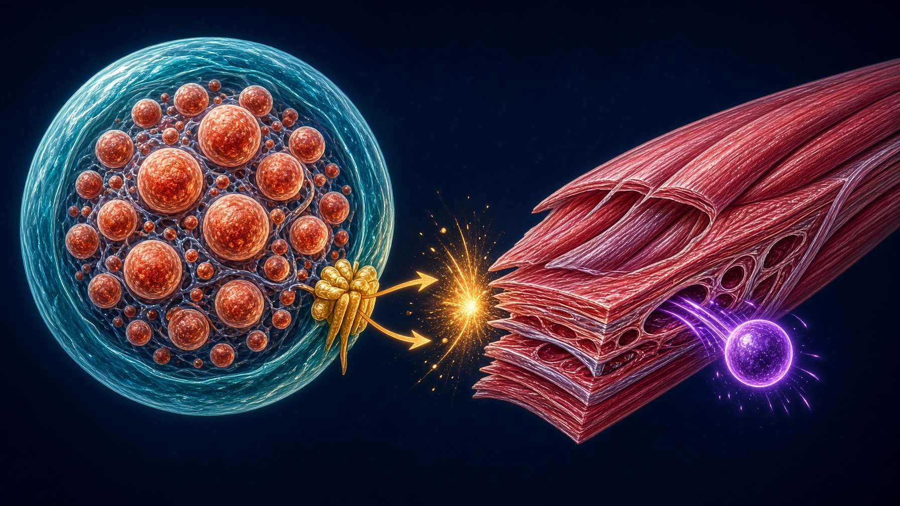 Fat cell and heart muscle sharing a beta-2 signal, brightly lit on a dark field