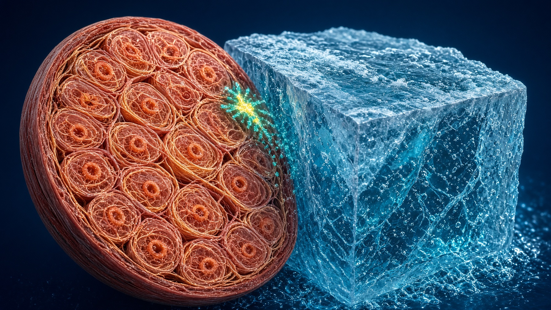 Muscle fibre beside ice water, the growth signal dimming, coral and teal on navy