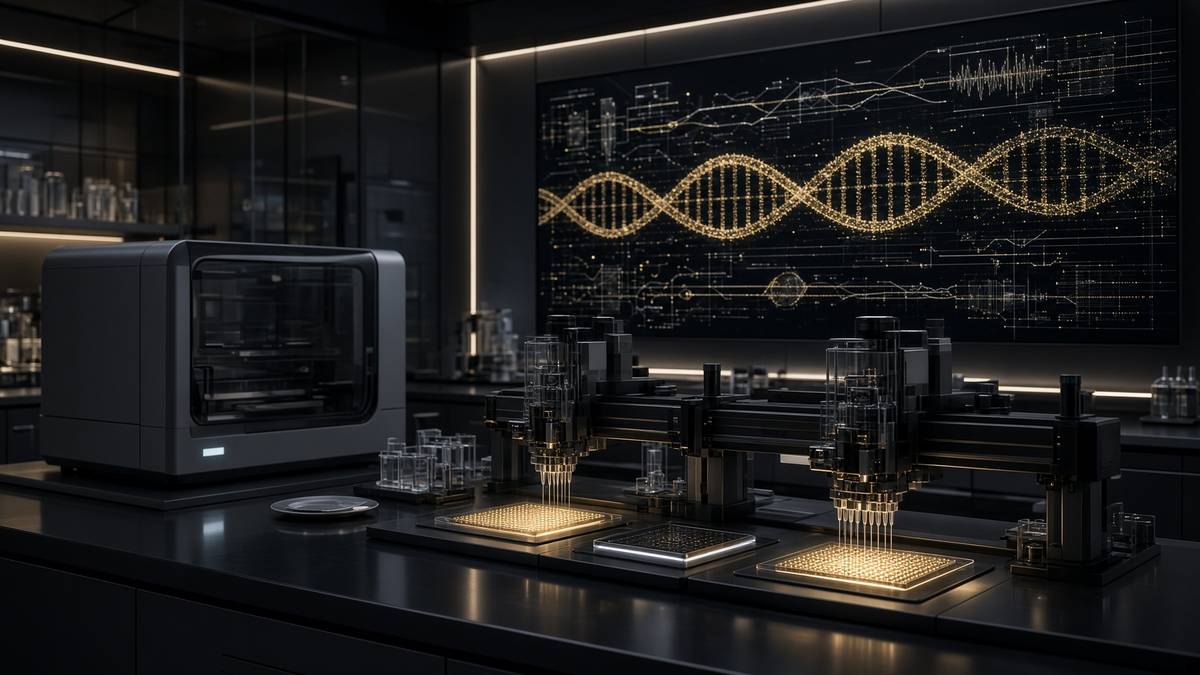 CRISPR gene-editing machinery visualised as gold molecular scissors over a genome