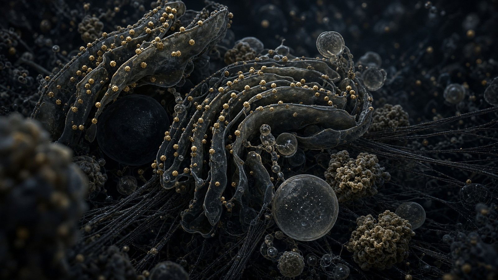 Crowded cytoplasm with organelles packed among ribosomes and cytoskeleton