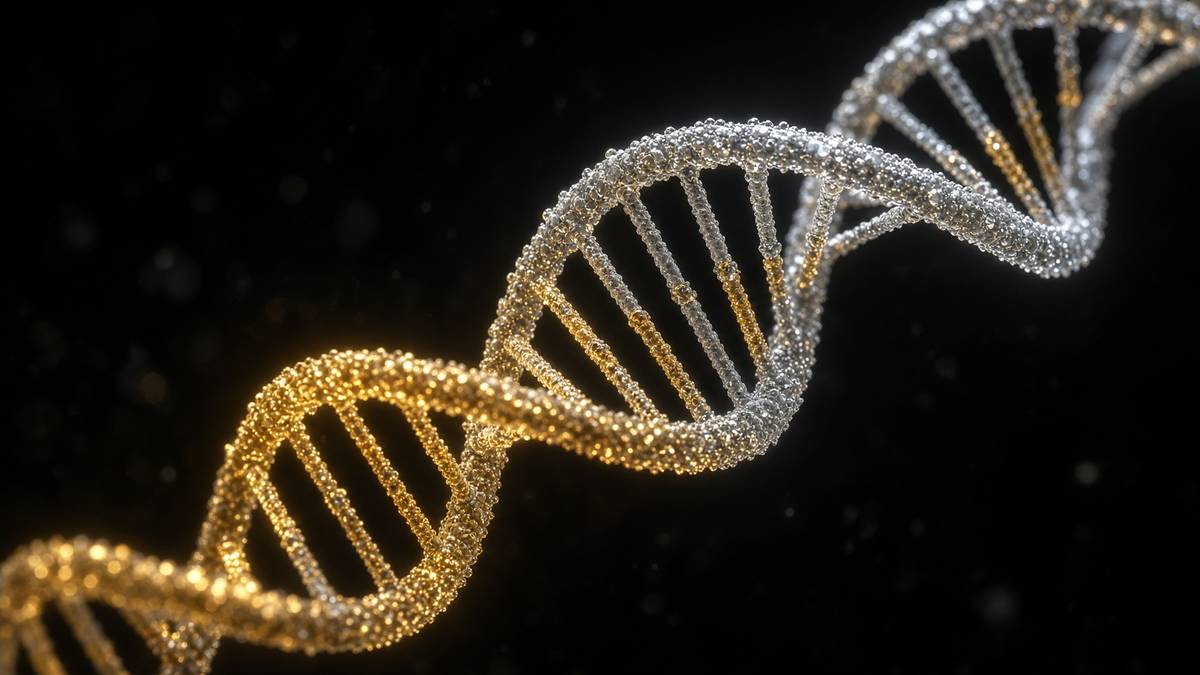 A gold-lit nucleic-acid helix standing in for two metres of packed genome