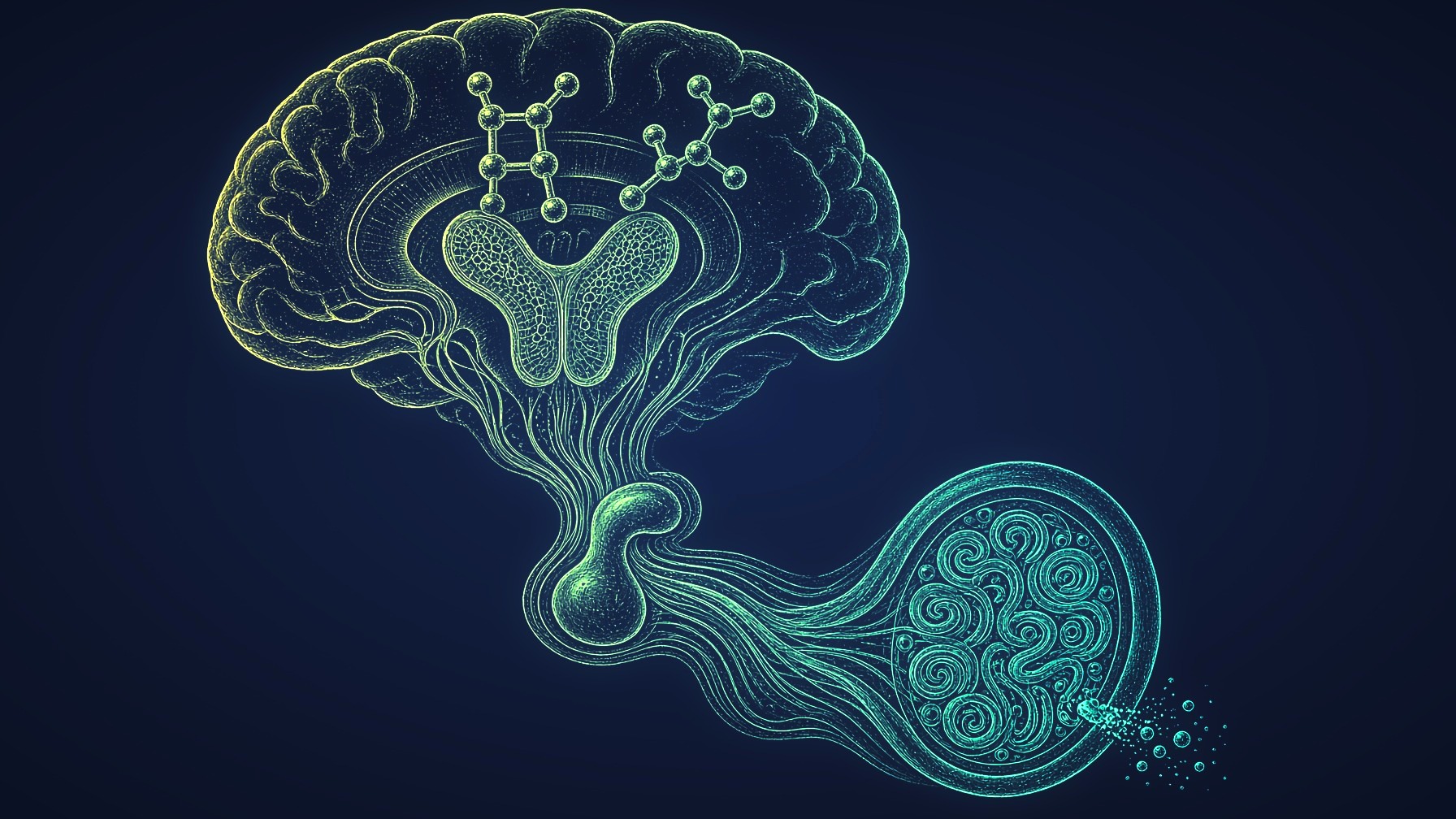 Gold engraving of two mirror-image molecules above a pituitary and testis