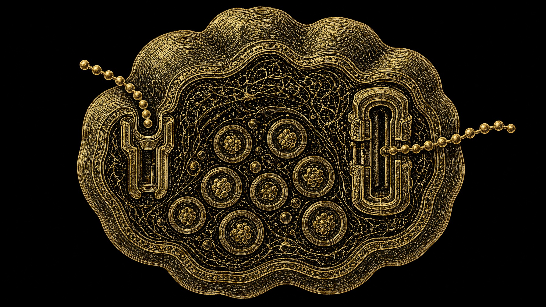 Gold engraving of a somatotroph with two receptor doors