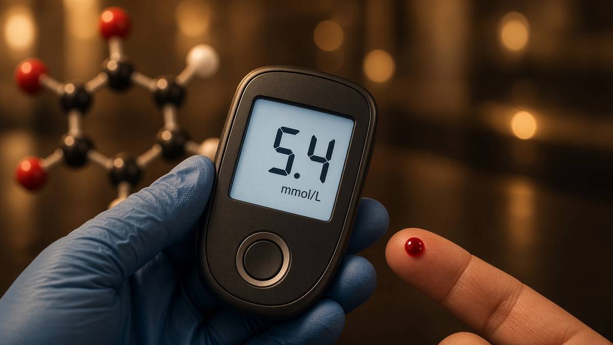 Digital blood glucose meter and a fingertip sample — the control system made visible