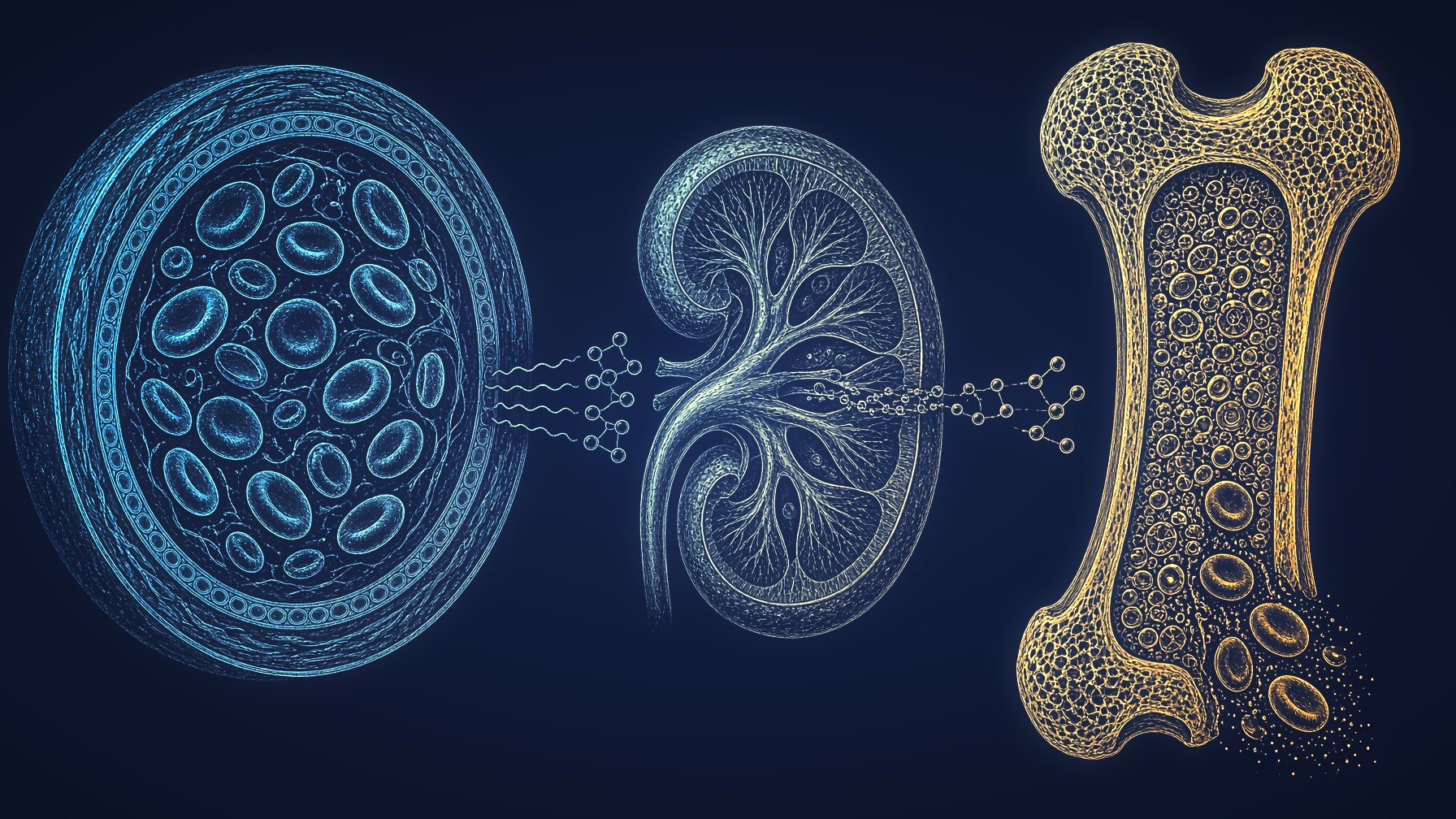 Gold engraving of red cells packed in a vessel, with marrow and kidney