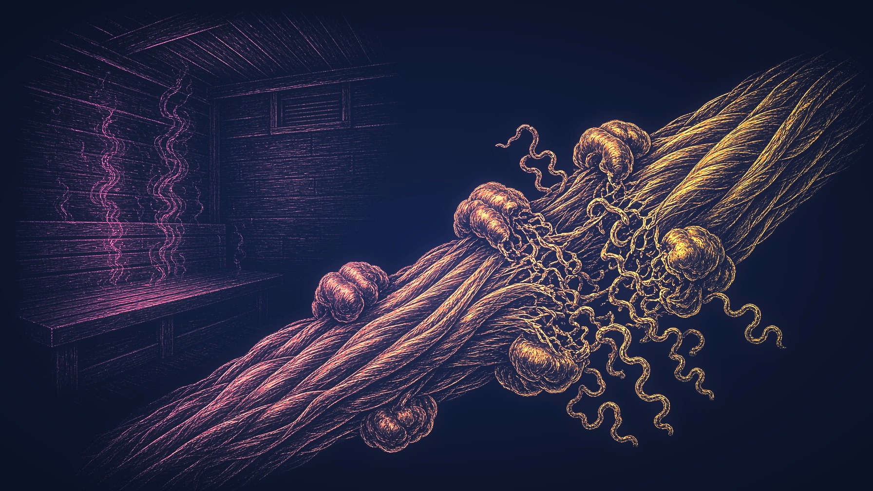 Gold engraving of chaperone proteins around a muscle fibre in heat