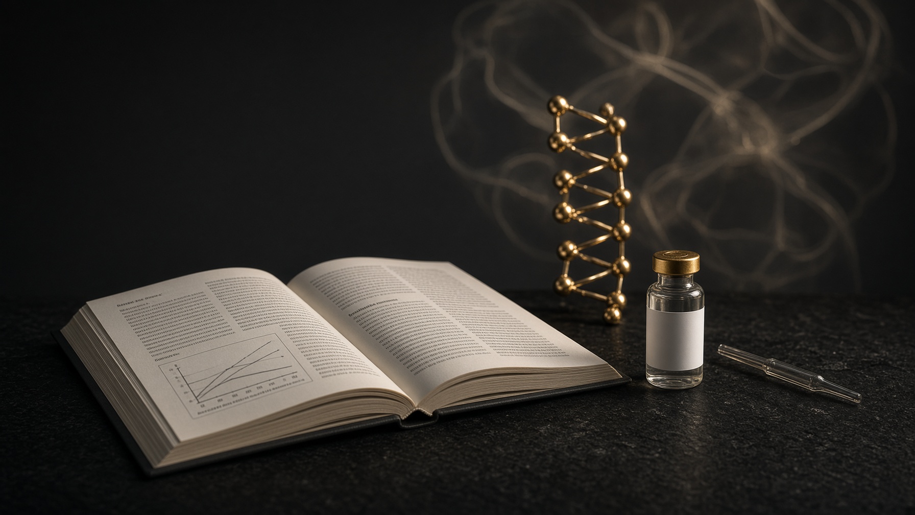 Open clinical-trial pages on a dark laboratory bench beside a lyophilised research vial and a gold-lit peptide helix