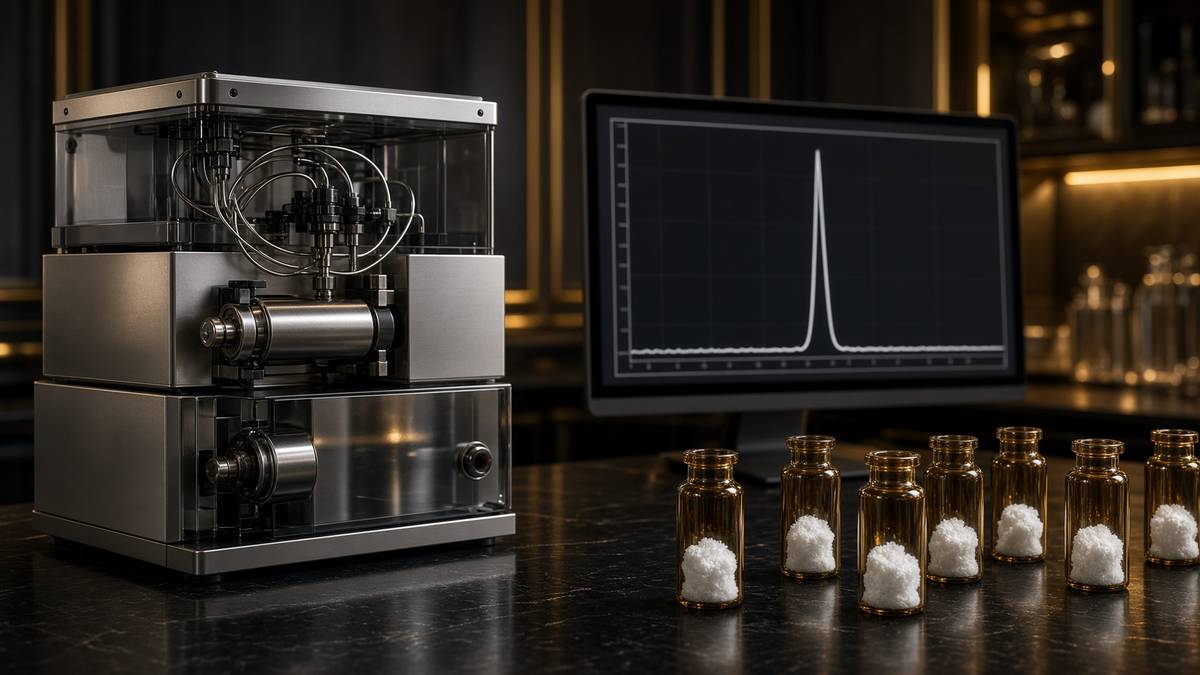HPLC instrument and a chromatogram peak beside lyophilised peptide vials