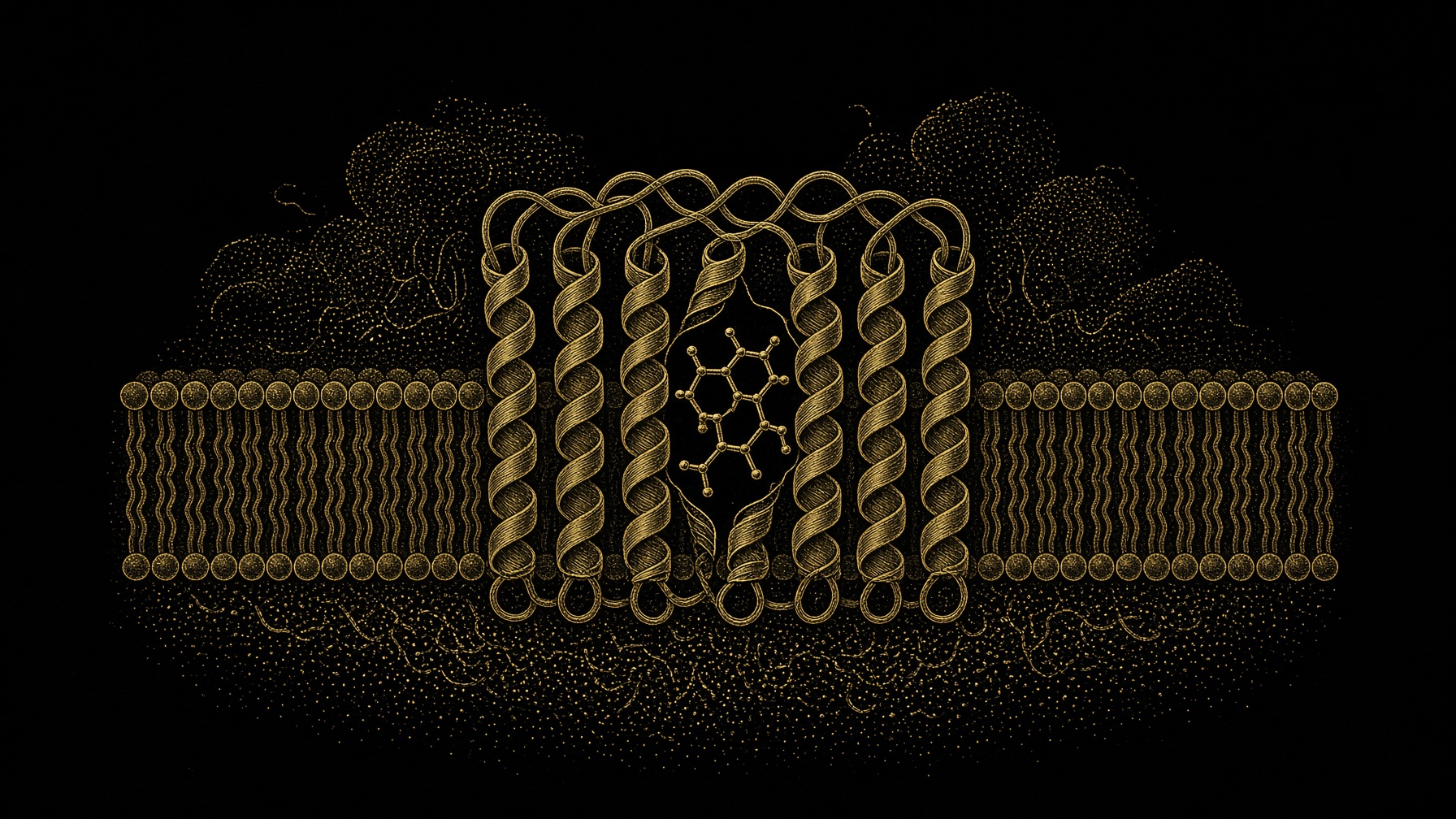 Gold engraving of a small molecule in the ghrelin receptor