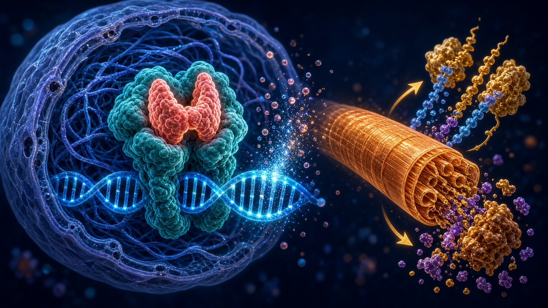 Thyroid hormone on a nuclear receptor beside a muscle fibre, coral and teal on navy