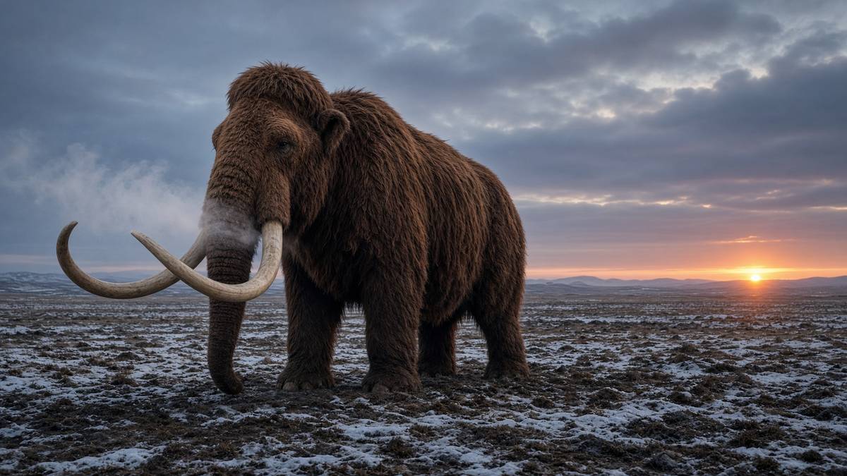 A woolly mammoth reconstruction in ice-blue light — Colossal’s Dallas de-extinction programme