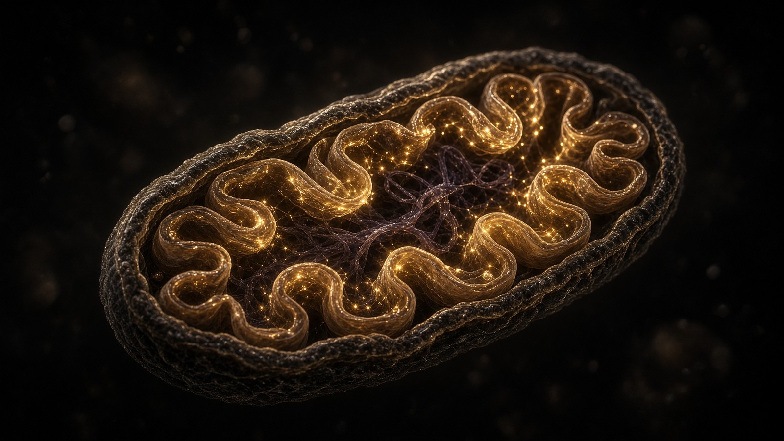 Mitochondrion in extreme close-up with folded cristae catching champagne light