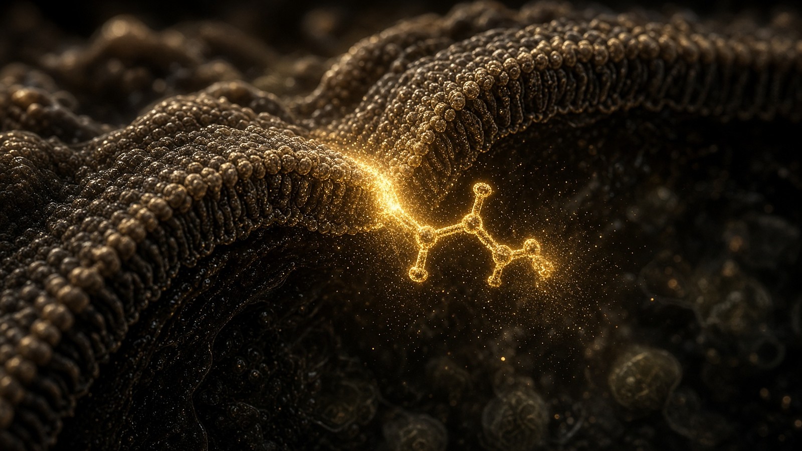 A gold-lit DNA double helix, the visual stand-in for NAD+ salvage and sirtuin biology