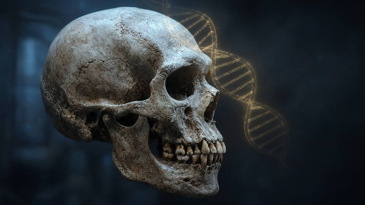 A Neanderthal skull with a gold DNA helix — the palaeogenomic recovery of an extinct human