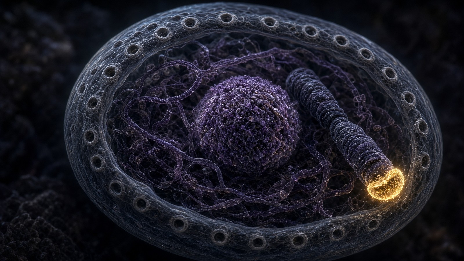 Nucleus with chromatin and a faintly glowing telomere at a chromosome end