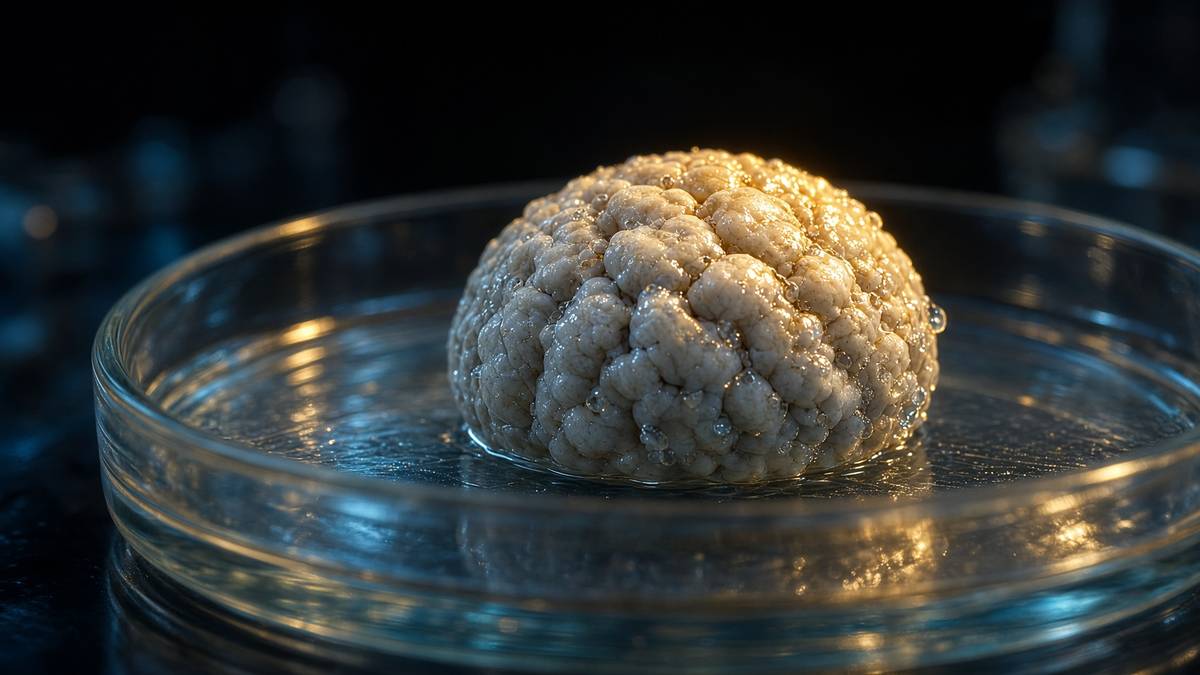 A cerebral organoid in a glass dish — layered human neural tissue grown from stem cells