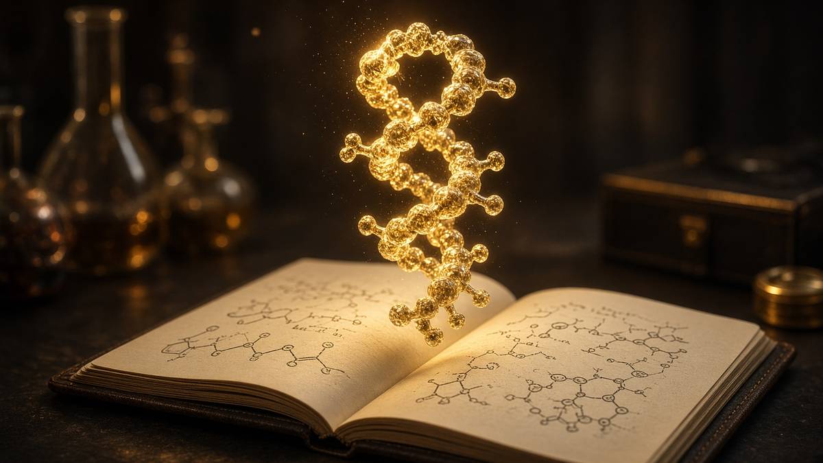 Crystalline peptide helix above a laboratory notebook of amino-acid sequences