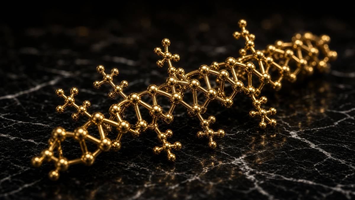 Golden peptide alpha-helix molecular model on a dark laboratory bench
