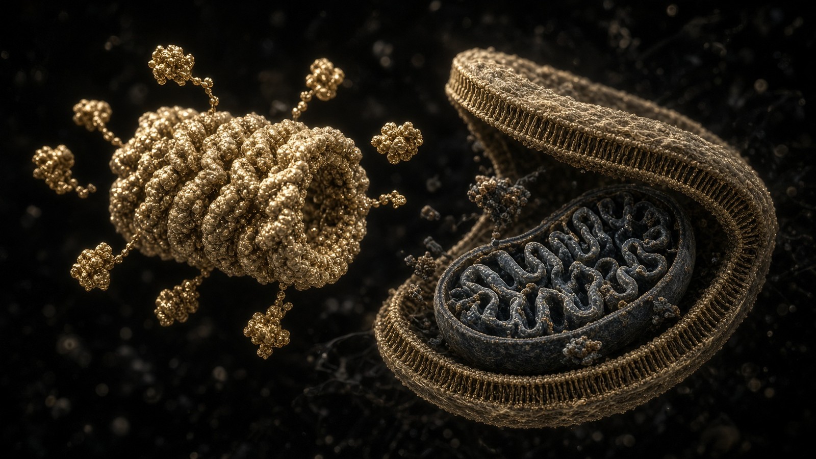26S proteasome in champagne light, a polyubiquitin chain feeding a substrate into the 20S core, autophagosomes in the crowded cytoplasm beyond