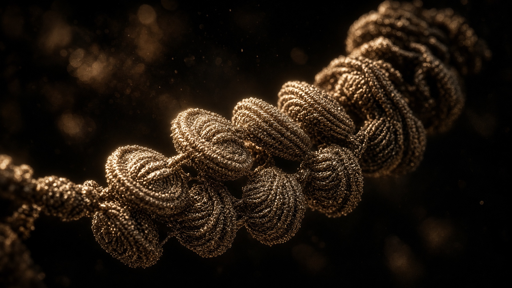 Gold-lit nucleosomes packing into chromatin — the nuclear ledger SIRT1 and SIRT6 erase with NAD+