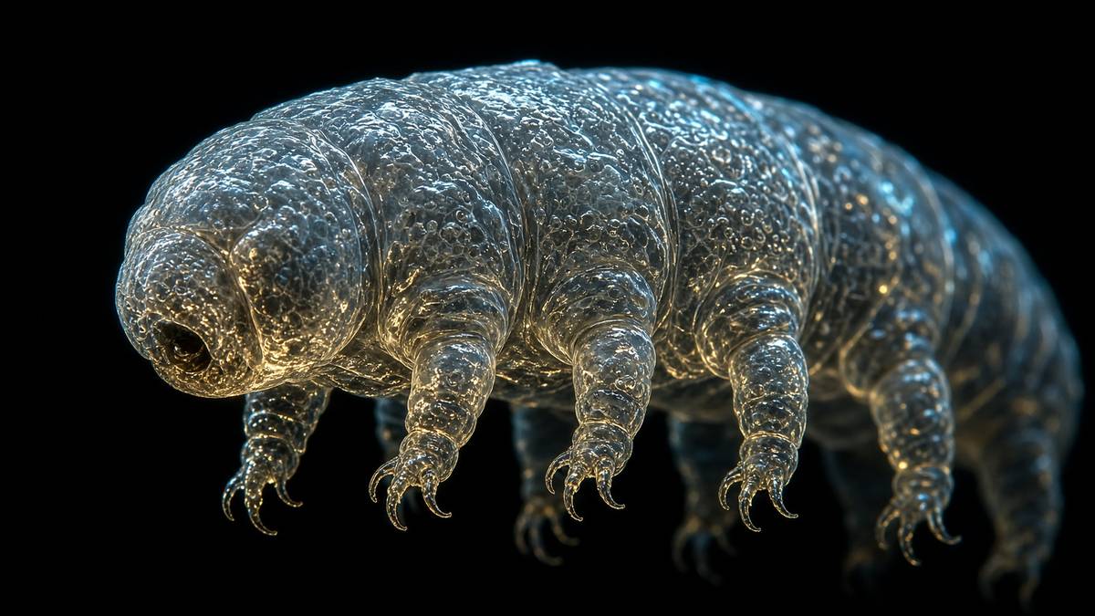 A tardigrade under dark-field lighting — the animal that donated Dsup to radiation biology