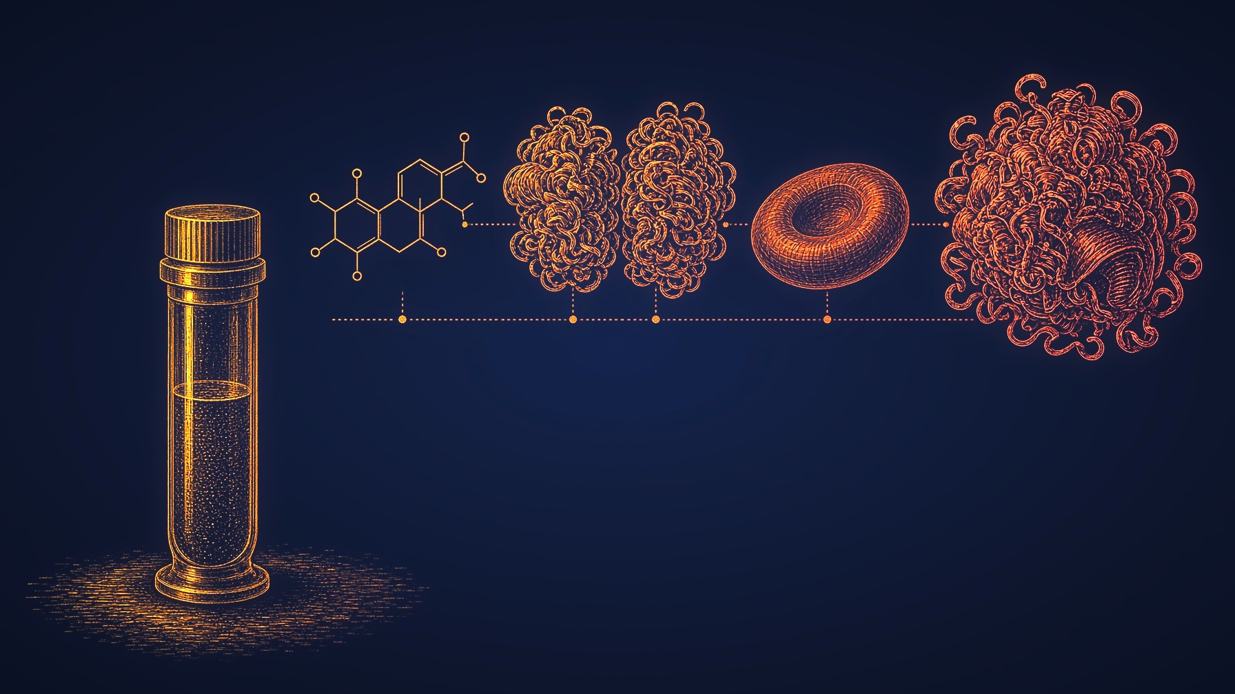 Gold still life of a blood tube and unlabelled hormone shapes