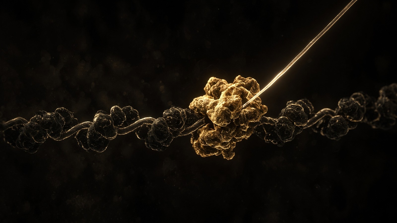 RNA polymerase moving along chromatin with a nascent RNA thread peeling away